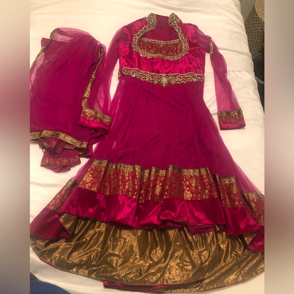 3 piece Vibrant pink velvet gown dress with gold and diamanté embellishment